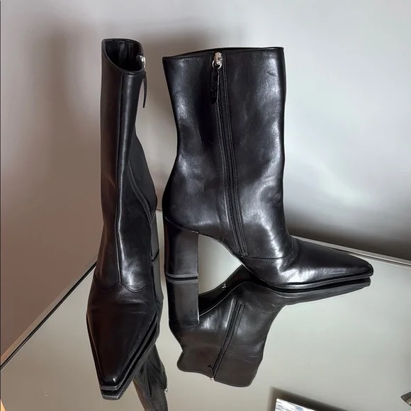 Schutz Black Leather Mid-Calf Pointed Toe Women's Boots - Picture 1 of 5